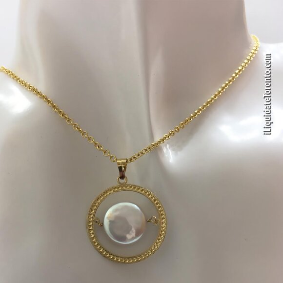 Pretty 14K Yellow Gold Genuine Floating Coin Pearl Necklace with 14K Rolo Chain - Picture 8 of 9